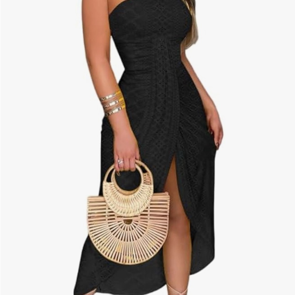 Strapless Black Mesh Long Dress with Slit